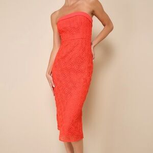 Lulu’s Chic Intent Bright Red Crochet Textured Strapless Midi Dress